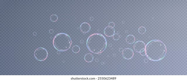 Bolhas de sabão realistas. Bolhas voadoras em um fundo transparente.	