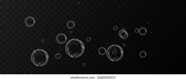 Bolhas de sabão realistas. Bolhas voadoras em um fundo transparente.	