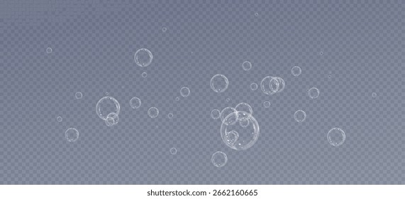 Burbujas de jabón realistas. Burbujas voladoras sobre un fondo transparente.	