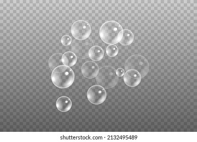 Realistic soap foam or air bubbles in water isolated on transparent background. Stock vector