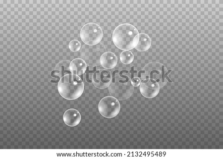 Realistic soap foam or air bubbles in water isolated on transparent background. Stock vector