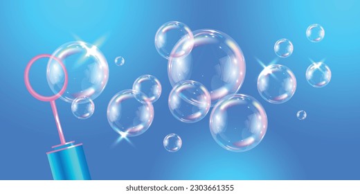 Realistic soap foam bubbles composition on blue background vector illustration