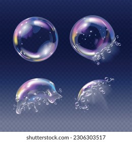 Realistic soap foam bubbles in different stages on explosion on transparent backgroud isolated vector illustration