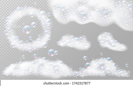 Espuma de jabón realista con burbujas. Marco de espuma de jabón. Establecer ilustración vectorial aislada