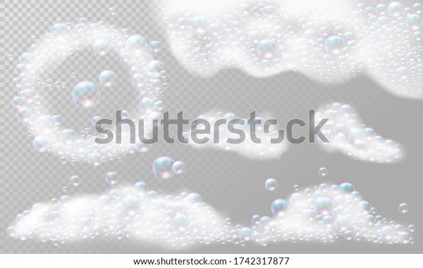Realistic Soap foam with bubbles. Soap foam\
frame. Set isolated vector\
illustration