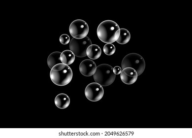 Realistic soap foam bubbles with reflection isolated on transparent background. Stock vector.
