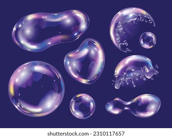 Realistic soap foam bubbles set on dark background isolated vector illustration