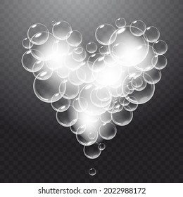 Realistic soap foam with bubbles shaped as heart. Valentine day symbol. Romantic glossy soapy heart. Transparent background.