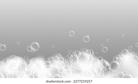 Realistic soap foam and bubbles. Transparent shampoo, liquid foams. Bubble flying, laundry or washing, wash and clean, foamy vector background