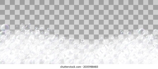 Realistic soap foam with bubbles vector illustration. Liquid foamy shampoo effect for relaxing taking bath with water isolated on transparent background. Abstract magic fluffy texture design