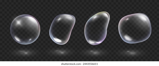 Realistic soap or glass transparent rainbow shapes. Iridescent transparent bubbles isolated on dark. Abstract glossy fluid balls with rainbow reflection