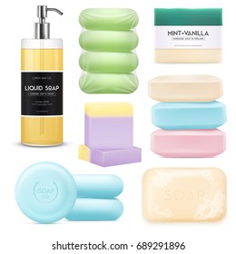 Realistic soap set with colored pieces of solid soap and spray with liquid soap isolated on white background vector illustration