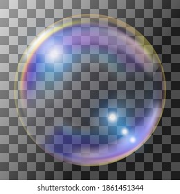 Realistic soap or shampoo bubble with rainbow reflection. Isolated on transparent background. Vector illustration.