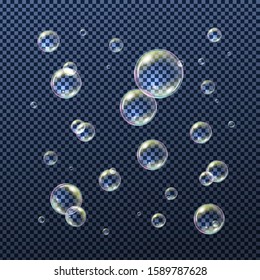 Realistic soap or shampoo bubbles with rainbow reflection isolated on transparent background. 