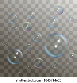 Realistic soap or shampoo bubbles with rainbow reflection. Isolated on transparent background. Vector illustration set bubbles.