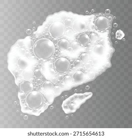 Espuma de jabón realista y burbujas brillantes sobre fondo transparente. Ilustración vectorial