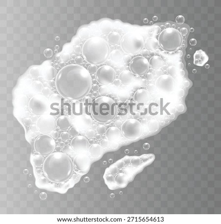 Realistic soap suds and shiny bubbles on transparent background. Vector illustration