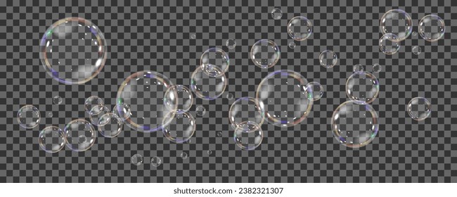 Realistic soap vector bubbles png isolated on transparent background. The effect of falling and flying bubbles. Glass bubble effect.
