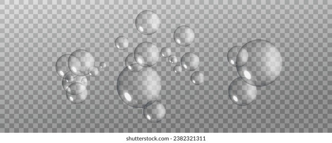 Realistic soap vector bubbles png isolated on transparent background. The effect of falling and flying bubbles. Glass bubble effect.