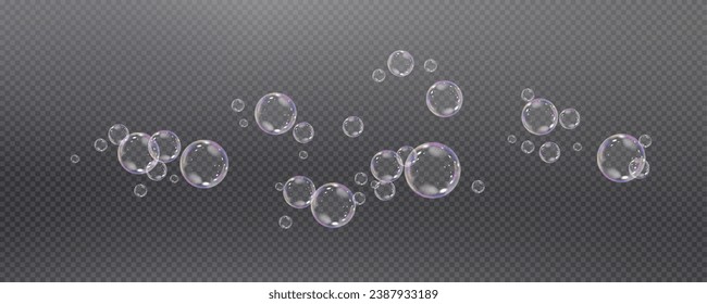 Realistic soap vector bubbles png isolated on transparent background. The effect of falling and flying bubbles. Glass bubble effect.