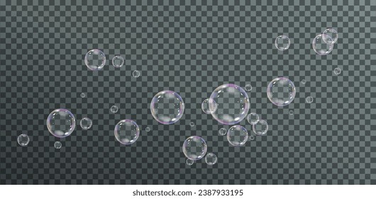 Realistic soap vector bubbles png isolated on transparent background. The effect of falling and flying bubbles. Glass bubble effect.