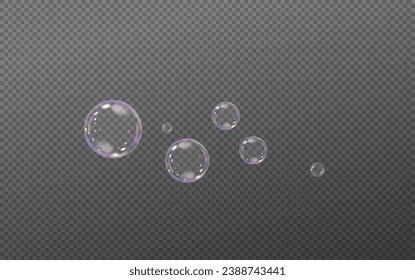  Realistic soap vector bubbles png isolated on transparent background. The effect of falling and flying bubbles. Glass bubble effect.