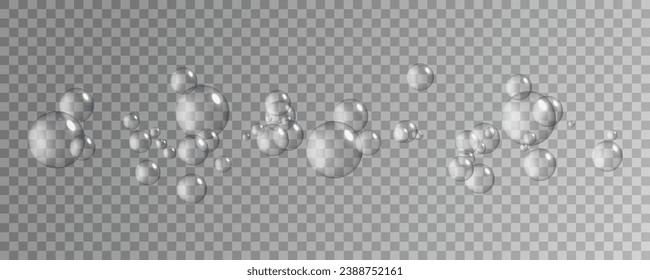 Realistic soap vector bubbles png isolated on transparent background. The effect of falling and flying bubbles. Glass bubble effect.