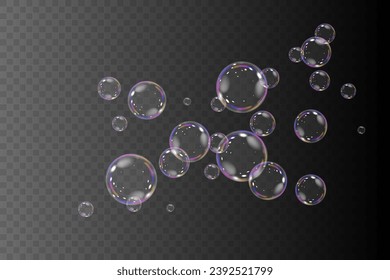 Burbujas vectoriales de jabón realistas png aisladas en un fondo transparente. El efecto de las burbujas que caen y vuelan. Efecto de burbuja de vidrio.