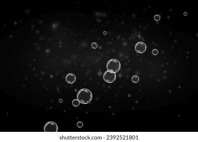 Realistic soap vector bubbles png isolated on transparent background. The effect of falling and flying bubbles. Glass bubble effect.