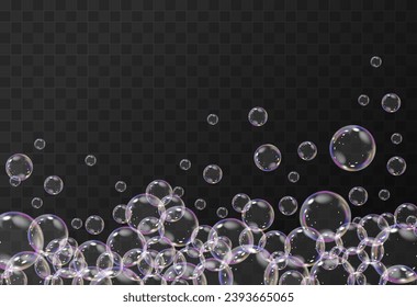 Realistic soap vector bubbles png isolated on transparent background. The effect of falling and flying bubbles. Glass bubble effect.