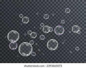 Realistic soap vector bubbles png isolated on transparent background. The effect of falling and flying bubbles. Glass bubble effect.