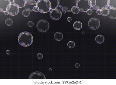 Realistic soap vector bubbles png isolated on transparent background. The effect of falling and flying bubbles. Glass bubble effect.