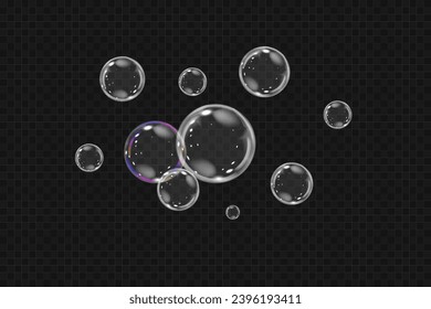 Realistic soap vector bubbles png isolated on transparent background. The effect of falling and flying bubbles. Glass bubble effect.