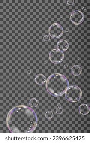 Realistic soap vector bubbles png isolated on transparent background. The effect of falling and flying bubbles. Glass bubble effect.
