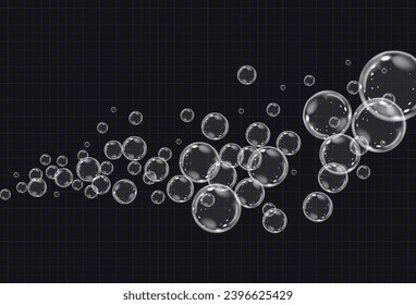 Realistic soap vector bubbles png isolated on transparent background. The effect of falling and flying bubbles. Glass bubble effect.