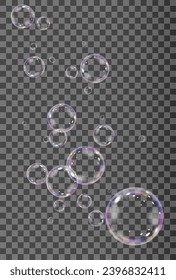 Realistic soap vector bubbles png isolated on transparent background. The effect of falling and flying bubbles. Glass bubble effect.