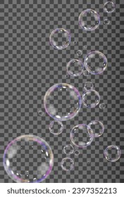 Realistic soap vector bubbles png isolated on transparent background. The effect of falling and flying bubbles. Glass bubble effect.