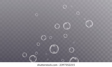Realistic soap vector bubbles png isolated on transparent background. The effect of falling and flying bubbles. Glass bubble effect.