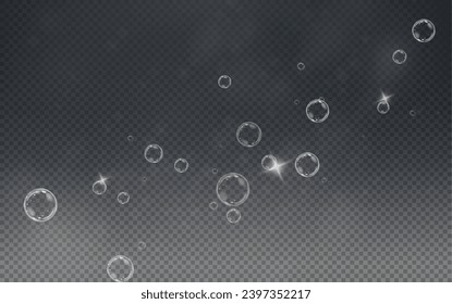 Realistic soap vector bubbles png isolated on transparent background. The effect of falling and flying bubbles. Glass bubble effect.