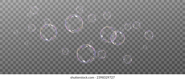 Realistic soap vector bubbles png isolated on transparent background. The effect of falling and flying bubbles. Glass bubble effect.
