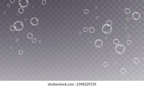 Realistic soap vector bubbles png isolated on transparent background. The effect of falling and flying bubbles. Glass bubble effect.
