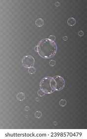 Realistic soap vector bubbles png isolated on transparent background. The effect of falling and flying bubbles. Glass bubble effect.