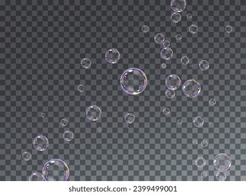 Realistic soap vector bubbles png isolated on transparent background. The effect of falling and flying bubbles. Glass bubble effect.