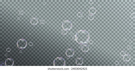 Realistic soap vector bubbles png isolated on transparent background. The effect of falling and flying bubbles. Glass bubble effect.