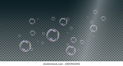 Realistic soap vector bubbles png isolated on transparent background. The effect of falling and flying bubbles. Glass bubble effect.