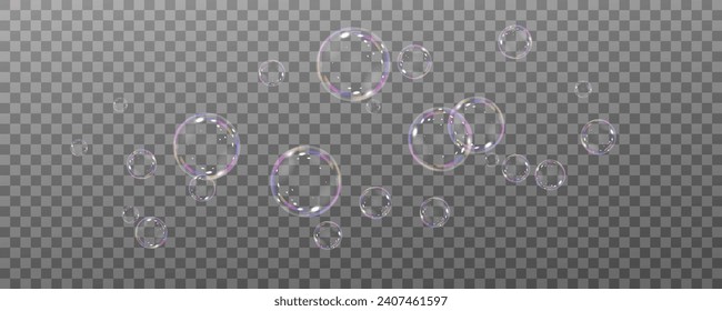 Burbujas vectoriales de jabón realistas png aisladas en un fondo transparente. El efecto de las burbujas que caen y vuelan. Efecto de burbuja de vidrio.