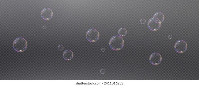 Realistic soap vector bubbles png isolated on transparent background. The effect of falling and flying bubbles. Glass bubble effect.