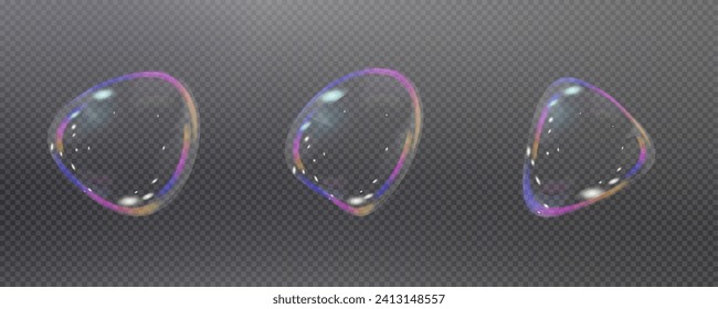 Realistic soap vector bubbles png isolated on transparent background. The effect of falling and flying bubbles. Glass bubble effect.