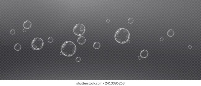 Realistic soap vector bubbles png isolated on transparent background. The effect of falling and flying bubbles. Glass bubble effect.