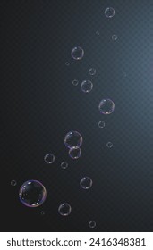 Realistic soap vector bubbles png isolated on transparent background. The effect of falling and flying bubbles. Glass bubble effect.